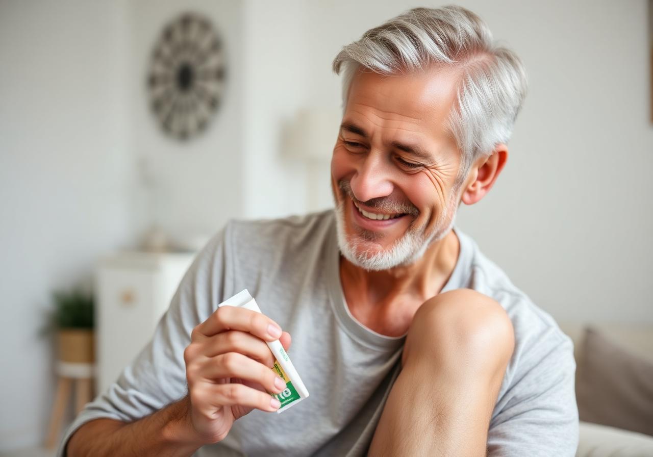 A satisfied LioStrong customer applying the joint cream at home